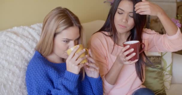 Women enjoying relaxing coffee on sofa — Stockvideo