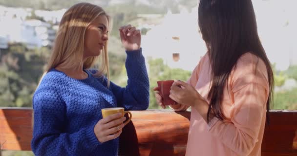 Women standing with mugs of coffee and chatting — Wideo stockowe