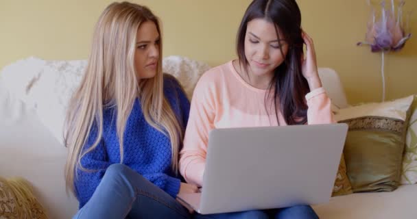 Frauen diskutieren etwas und surfen im Internet — Stockvideo