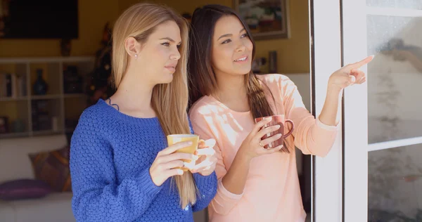 Women enjoying refreshments standing in window — Stok fotoğraf