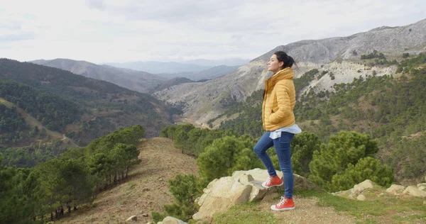 Mulher olhando para o vale da montanha — Fotografia de Stock