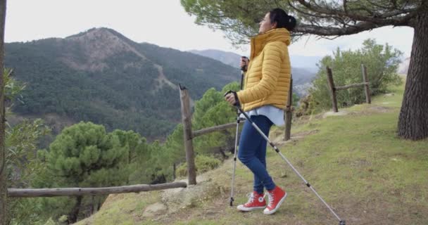 Woman with walking poles looking out to mountain — Stok video