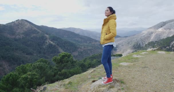 Женщина смотрит в горную долину — стоковое видео