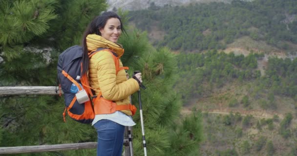 Mujer senderismo en la meseta de montaña — Vídeo de stock