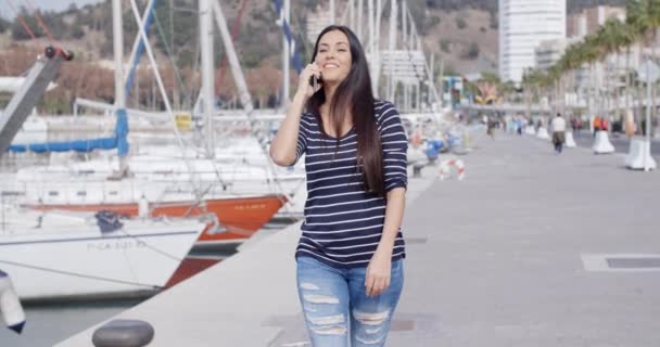 Woman walking past marina — Stock Video