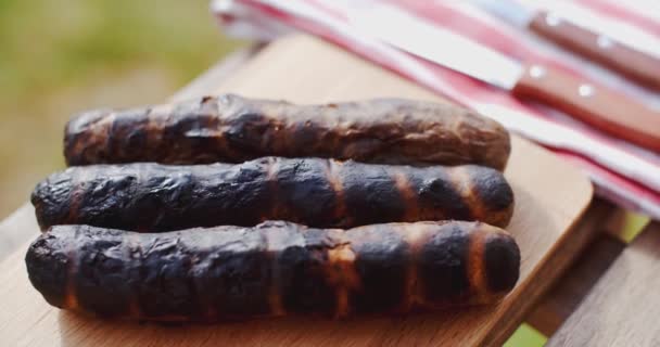 Grilled sausages on wooden board — Stock Video