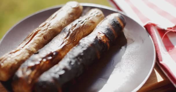 Embutidos a la parrilla sobre tabla de madera — Vídeos de Stock