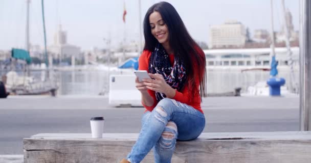 Mujer sentada en el banco y usando el móvil — Vídeos de Stock