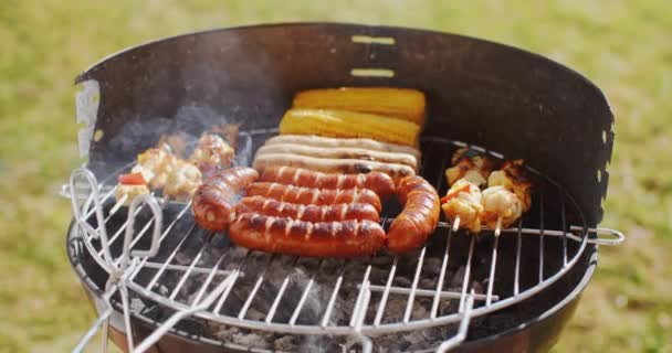 Enchidos e legumes em churrasco — Vídeo de Stock