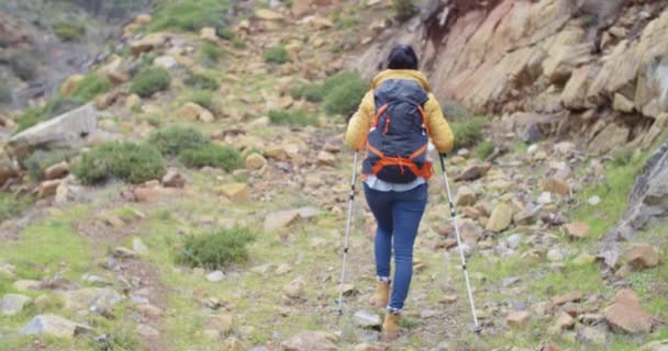 Женщина на пешеходной тропе в горах — стоковое видео