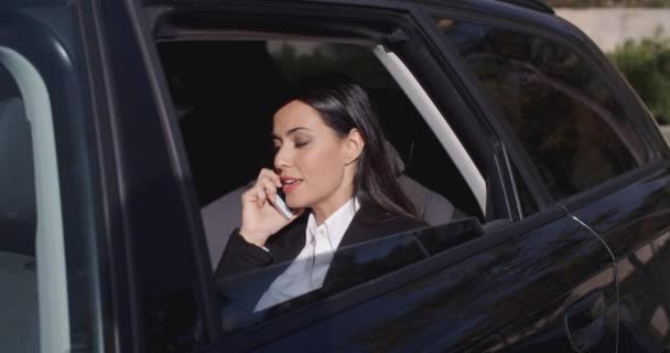 Donna d'affari che parla al telefono in limousine — Video Stock