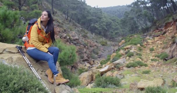 Woman backpacker relaxing and enjoying view — Stok video