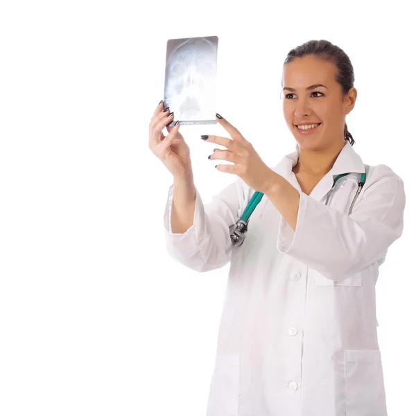 Full isolated portrait of a beautiful caucasian doctor with x-ra — Stock Photo, Image