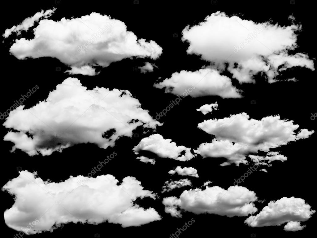 Set of isolated clouds over black.