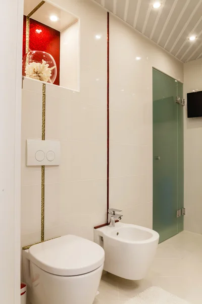 Modernes Badezimmer mit Spiegel und Fahrerhaus — Stockfoto
