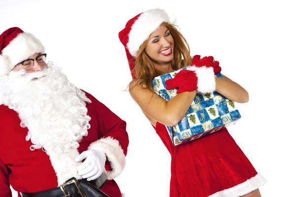 Christmas woman with santa claus — Stock Photo, Image