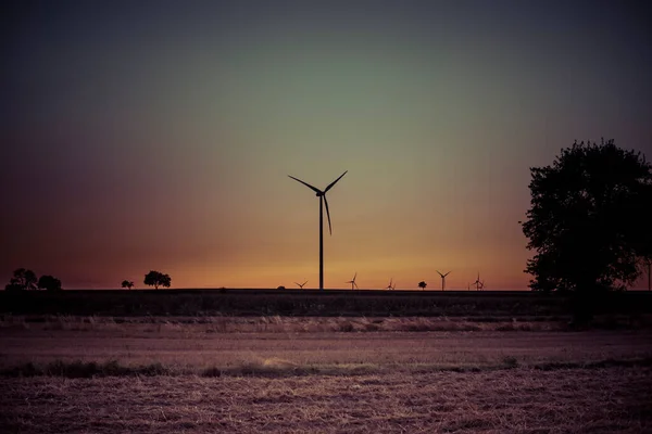 日落时带风力涡轮机的农村地区概况 — 图库照片