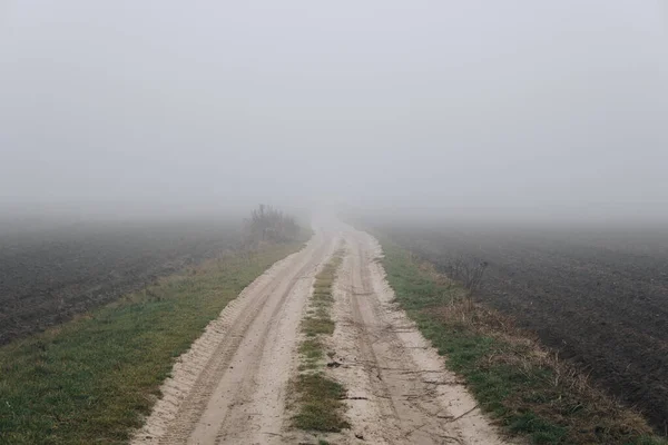 Písčitá Pozemní Cesta Přes Pole Podzimním Období Ukrytá Mlze — Stock fotografie