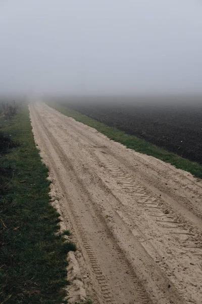 Sandy Ground Path Field Fall Season Hidden Fog — Stock Photo, Image