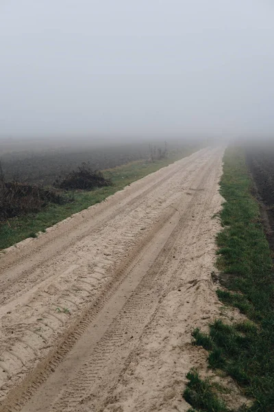 Sandy Ground Path Field Fall Season Hidden Fog — Stock Photo, Image