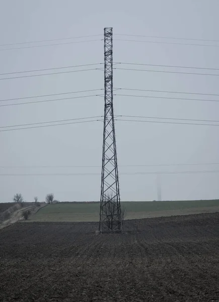 Enkel Pylon Med Kraftledningar Mitt Ett Tomt Fält Dimmig Dag — Stockfoto