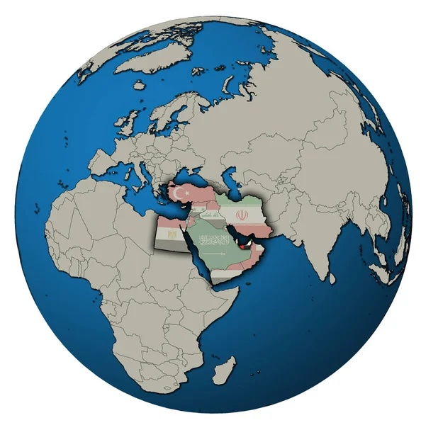 白の上に隔離された世界地図上の国の旗と中東地域のアラブ首長国連邦の領土の場所 — ストック写真