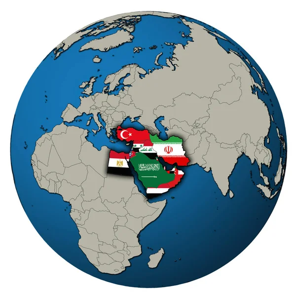 Territorium Grenzen Van Het Midden Oosten Regio Met Land Vlaggen — Stockfoto