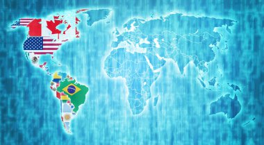 Gerçek ulusal sınırları olan mavi dijital dünya haritasında Amerika Birleşik Devletleri üyesi ülkelerin organizasyonu