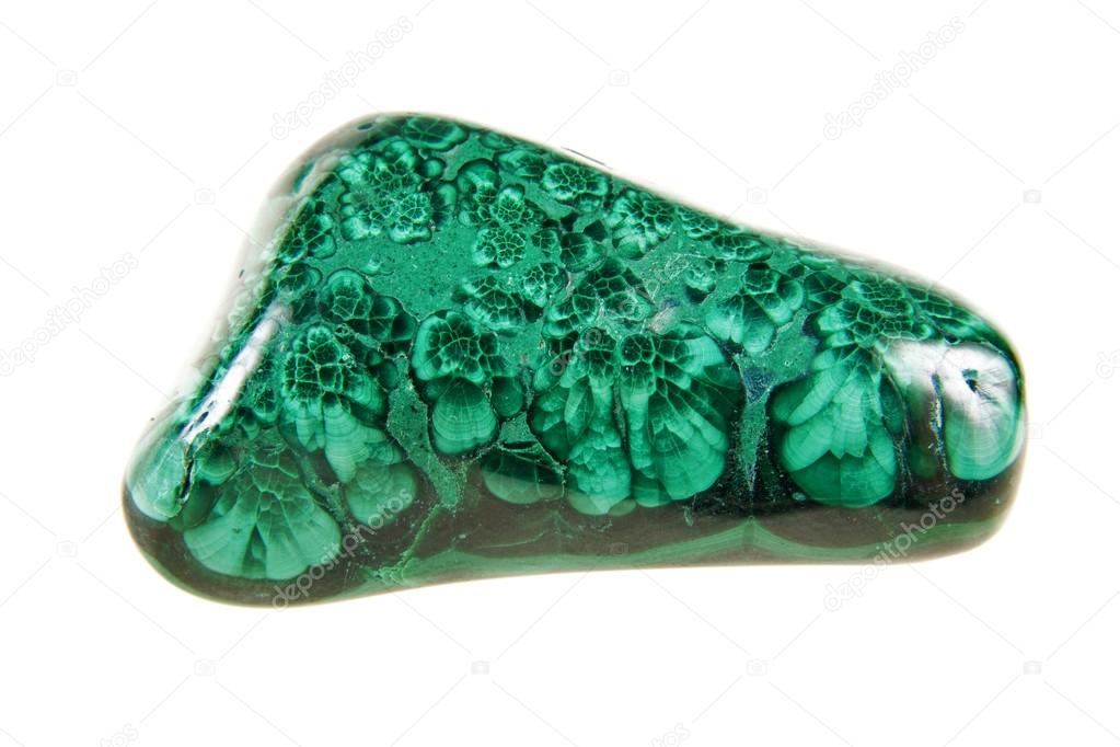 Malachite green stone, semi-precious mineral on a white background.