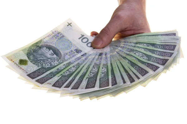 Polonya para birimi banknotlar yüz Zlotisi el yığılmış. — Stok fotoğraf