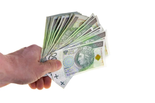 Polish currency banknotes hundred zloty stacked in hand. — Stock Photo, Image