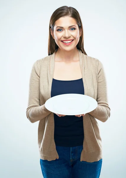 Woman shows empty plate — Stock Photo, Image