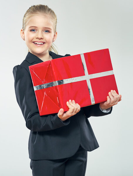 business woman holds present