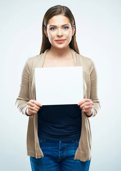 Woman holding blank sign board — Stock Photo, Image