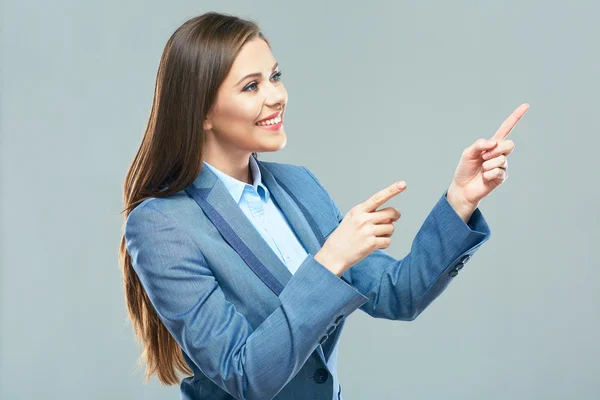 Woman pointing fingers on copy space — Stock Photo, Image