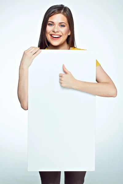 Woman holding white advertising board — Stock Photo, Image