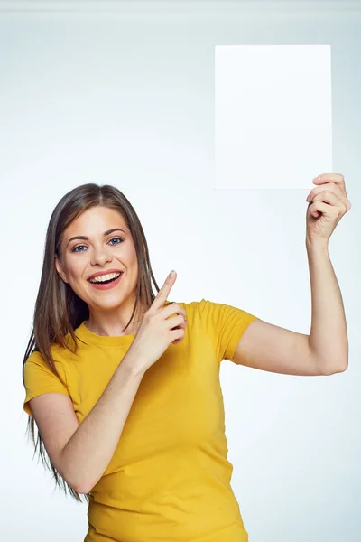 Woman poining at  sign board. — Stock Photo, Image