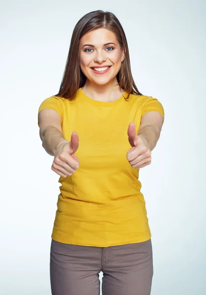 Frau drückt Daumen — Stockfoto