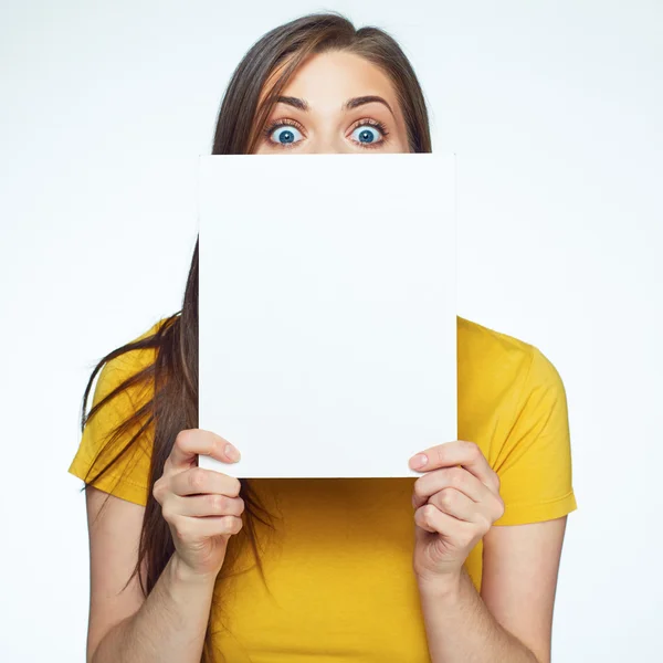 Woman hides face behind sign board. — Stock Photo, Image