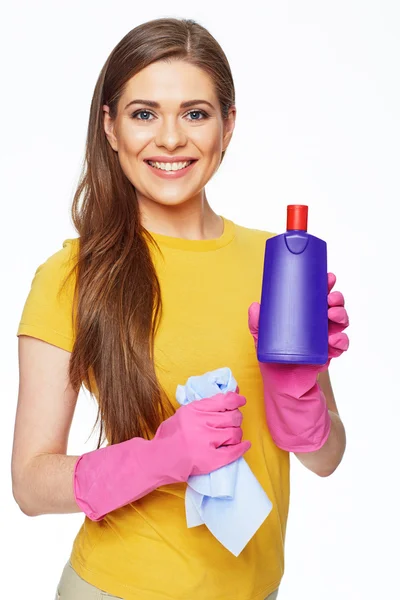 Домохозяйка держит бутылку — стоковое фото