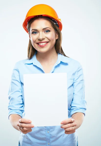 Woman builder with blank paper — Stockfoto