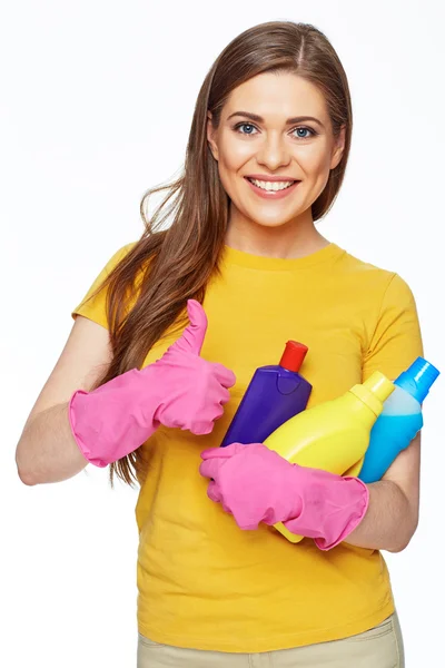 Housewife holding bottles — Stock Photo, Image