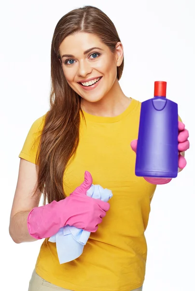 Housewife show holding cleanser — Stock Photo, Image