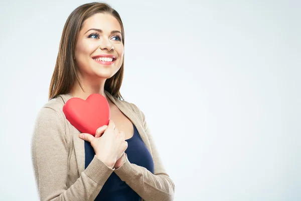 Woman holds red heart — Stock Photo, Image