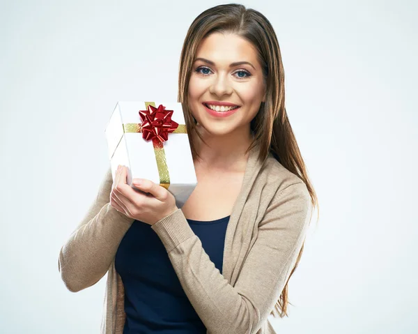 Woman holding gift box — Stock Photo, Image