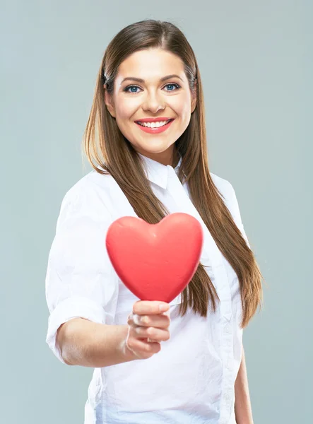 Woman holds red heart — Stock Photo, Image