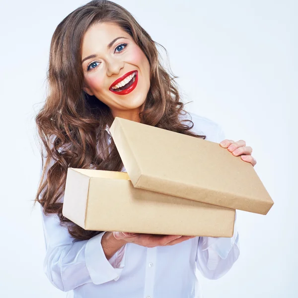 Happy woman opening gift box — Stock Photo, Image