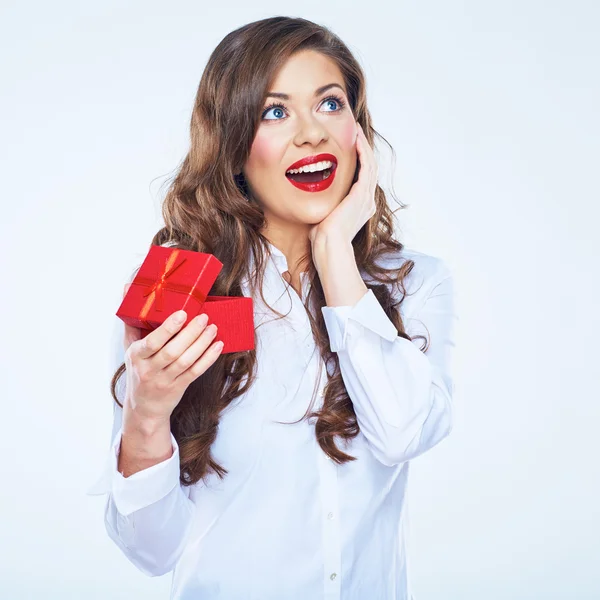 Happy woman opening gift box — Stock Photo, Image