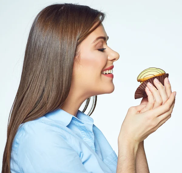Woman with delicious cake — Stock Photo, Image
