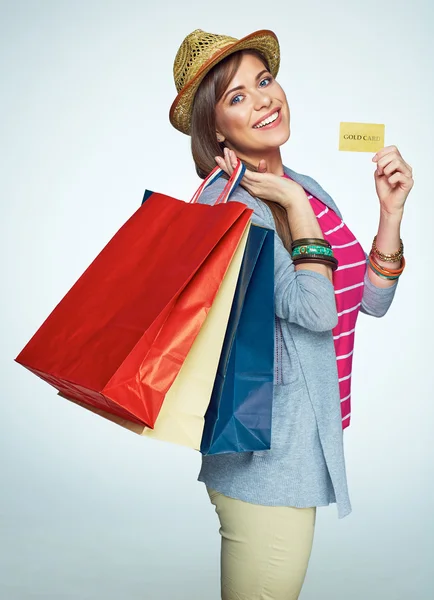 Mulher feliz com sacos de compras — Fotografia de Stock